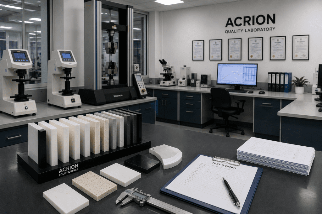ACRION acrylic solid surface quality laboratory with material testing equipment and 12mm sample specimens