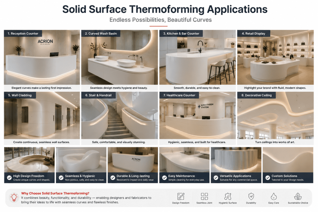 Thermoformed acrylic solid surface applications including reception counters wash basins retail displays and healthcare stations