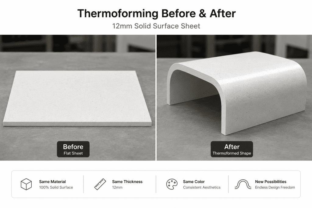 12mm acrylic solid surface sheet before and after thermoforming process showing flat and curved shapes
