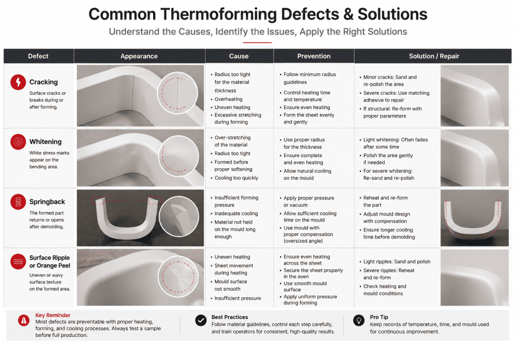 Common thermoforming defects including cracking whitening and springback in acrylic solid surface materials