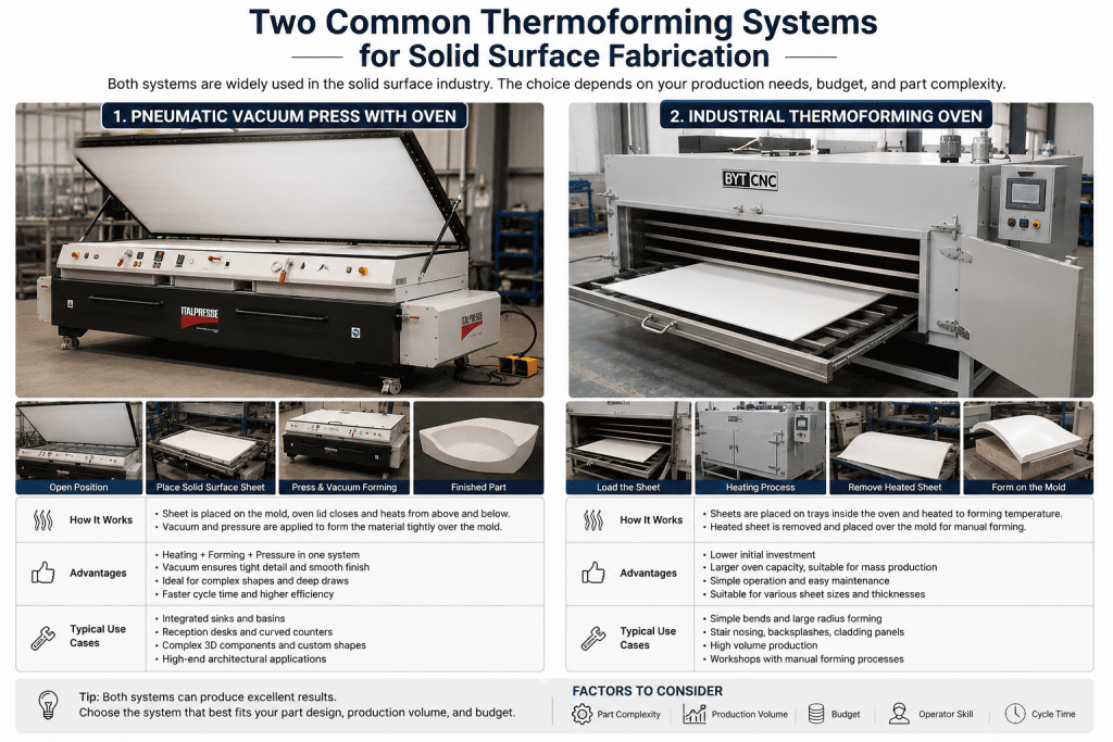 Comparison of pneumatic vacuum press and industrial thermoforming oven used in solid surface fabrication