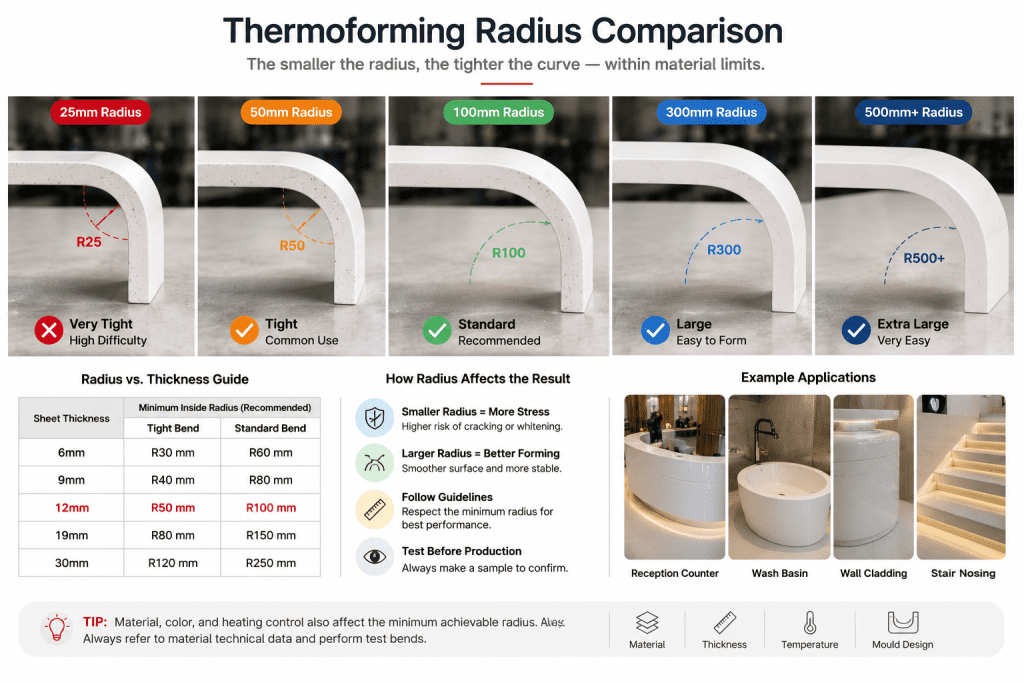 Minimum bending radius comparison for 12mm acrylic solid surface thermoforming