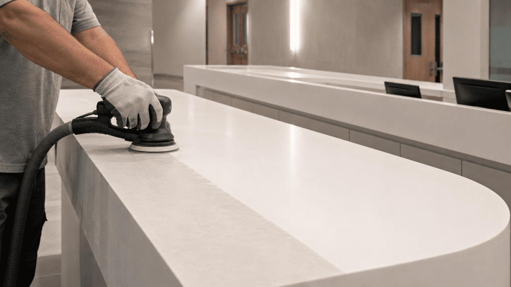 Professional refinishing of acrylic solid surface demonstrating renewable surface performance