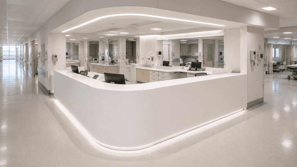 Hospital nurse station fabricated from seamless acrylic solid surface for healthcare applications