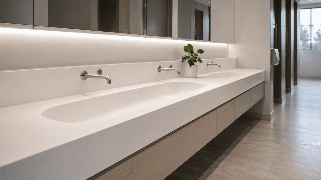 Seamless acrylic solid surface washroom vanity designed for hygienic commercial environments