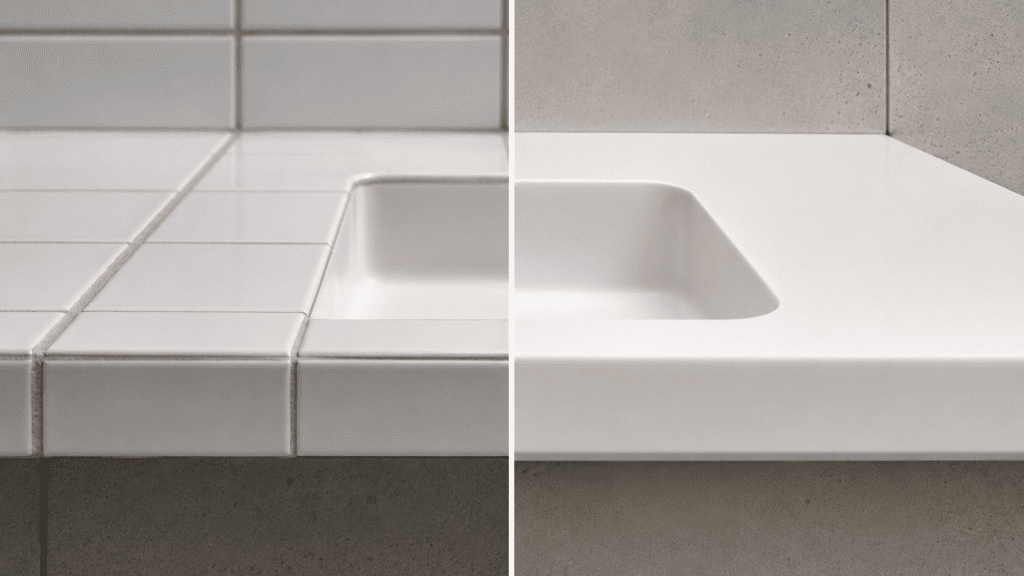 Comparison between jointed tiled surfaces and seamless acrylic solid surface installations