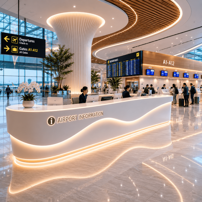 Airport information and passenger service counters fabricated with acrylic solid surface