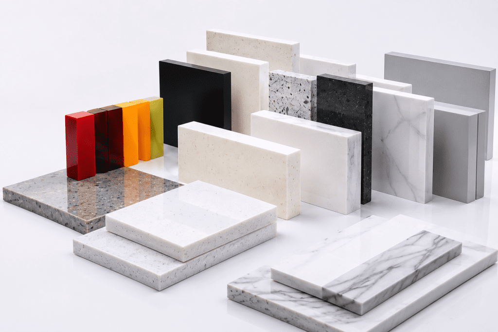 Architectural acrylic solid surface material collection featuring pure colors, terrazzo patterns and marble-inspired commercial applications.