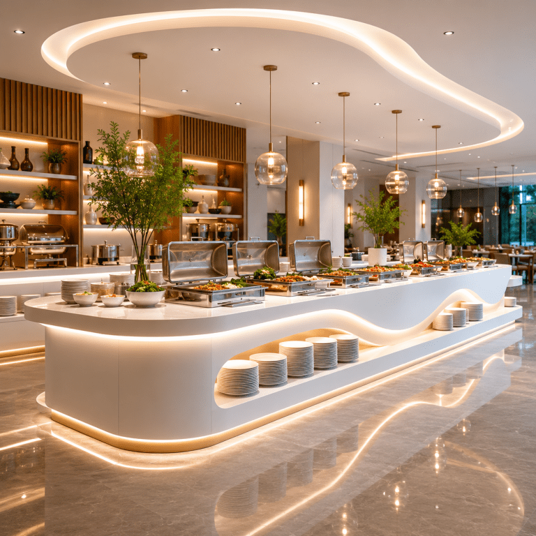 Commercial buffet station fabricated with acrylic solid surface for hospitality and food service environments
