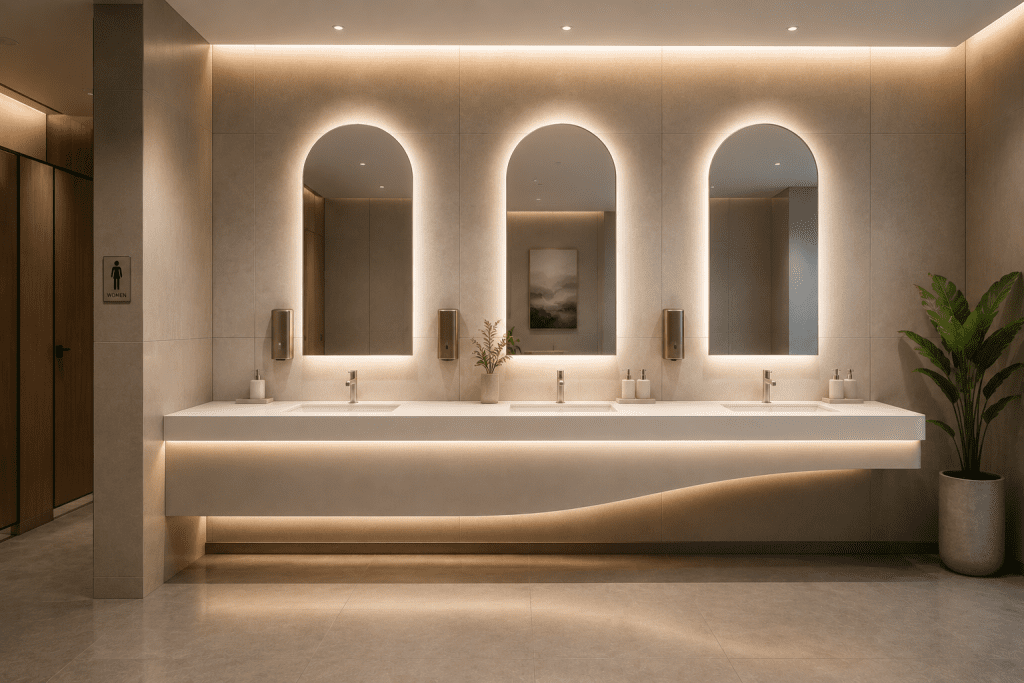 Commercial washroom vanity system featuring integrated acrylic solid surface sinks