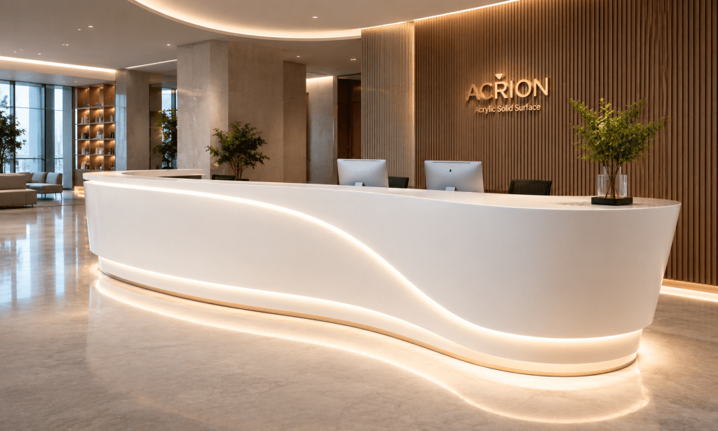 Custom thermoformed solid surface reception counter for commercial project applications