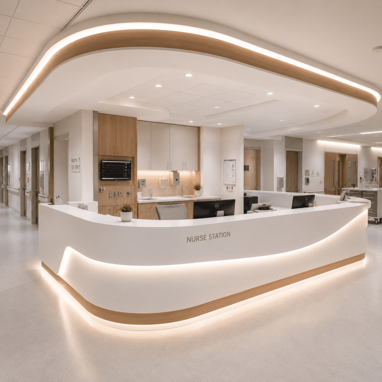 Healthcare nurse station fabricated with hygienic acrylic solid surface materials