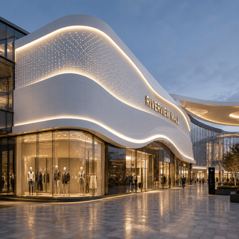 Architectural shopping mall facade featuring thermoformed solid surface cladding system