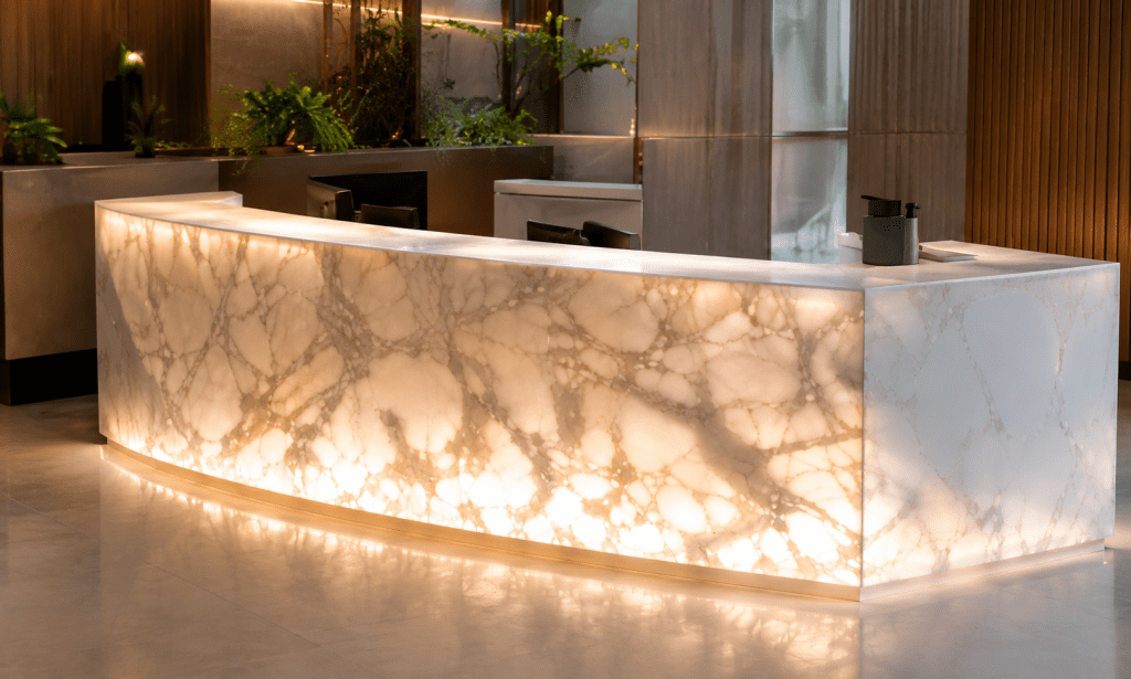 Backlit translucent solid surface reception counter for commercial interior applications