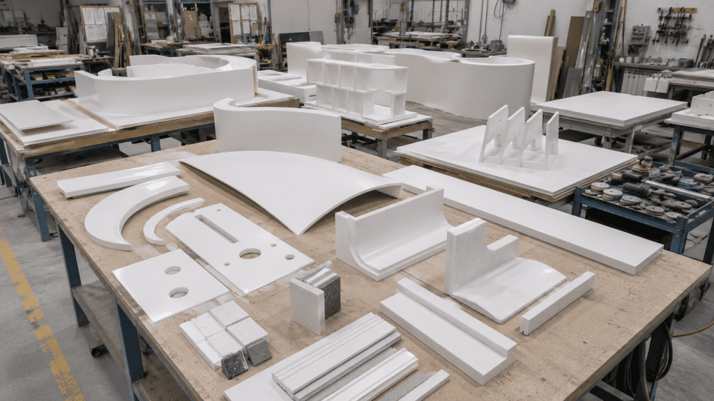 Oficina profissional de fabricação de superfícies sólidas em acrílico apresentando componentes termoformados, amostras de fabricação e capacidade de fabricação arquitetônica