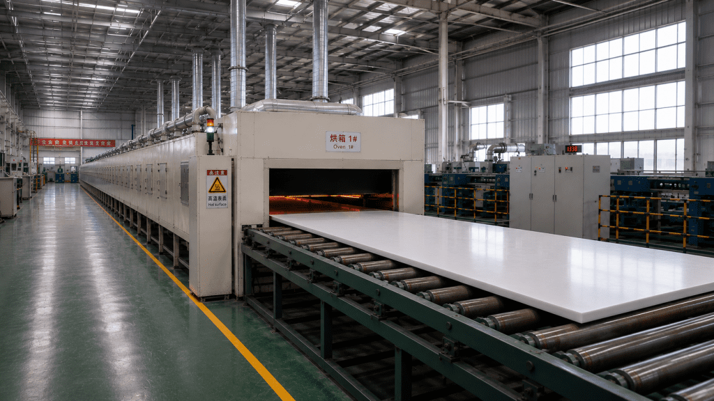 ACRION acrylic solid surface production line with 56-meter polymerization oven and continuous sheet manufacturing system