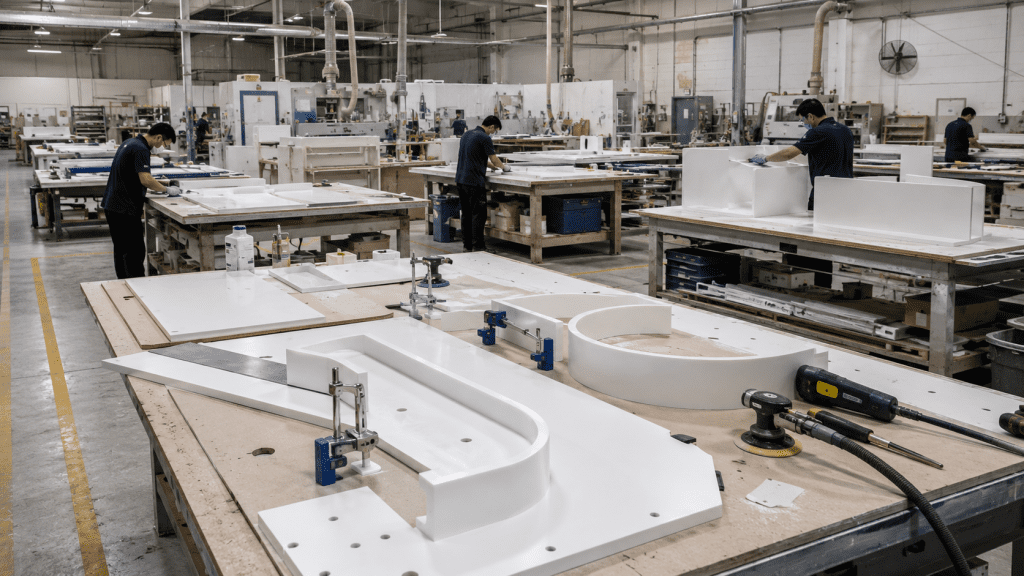 Instalação profissional de fabricação de superfície sólida acrílica para projetos arquitetônicos comerciais