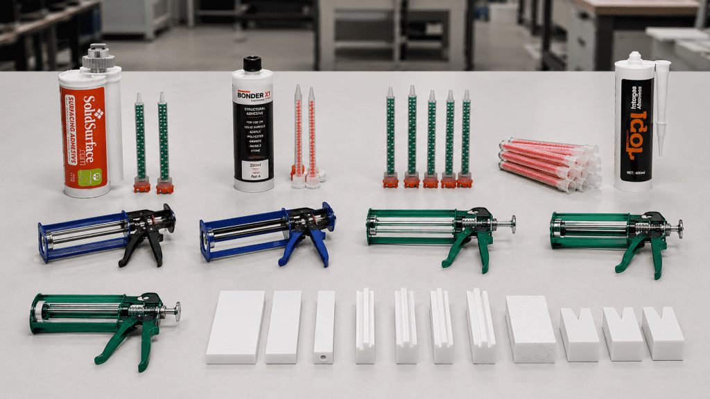 Sistema profissional de colagem de adesivo acrílico de superfície sólida com cartuchos adesivos, bicos misturadores, pistolas aplicadoras e amostras de fabricação