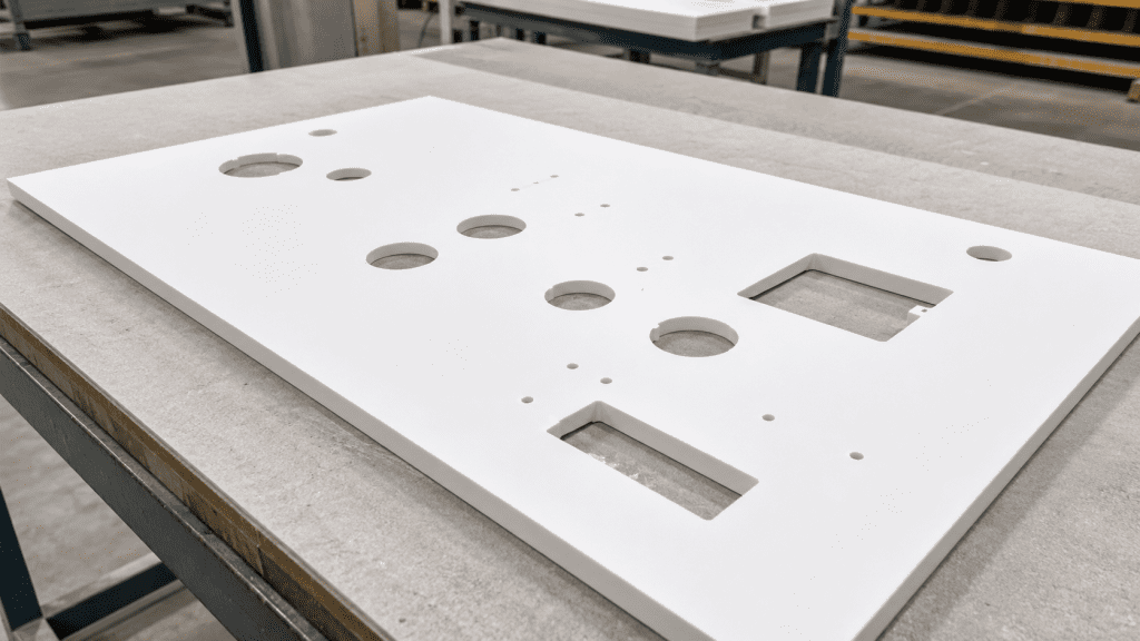 Painel de fabricação de superfície sólida em acrílico preparado com precisão com aberturas de interface de serviço