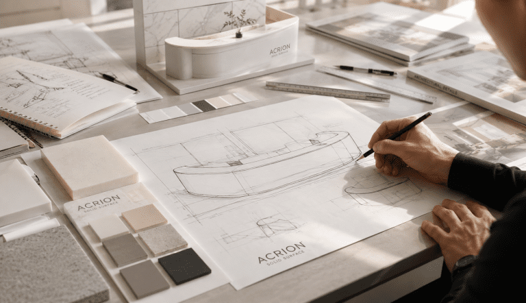 Architectural concept development with acrylic solid surface sketches, material samples and design planning.