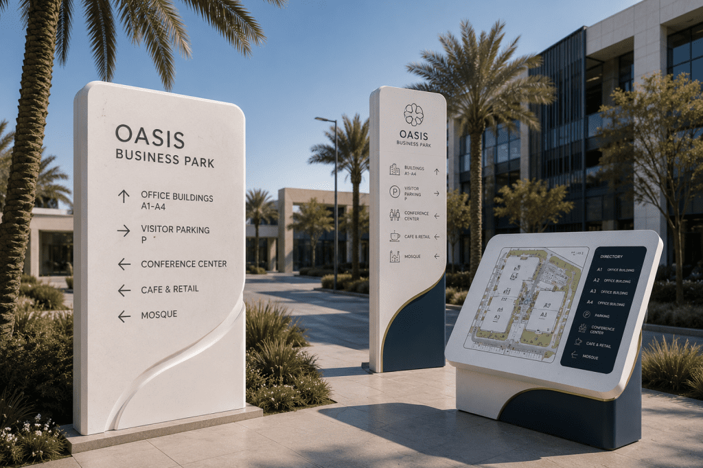 Custom acrylic solid surface architectural signage for commercial and public spaces.