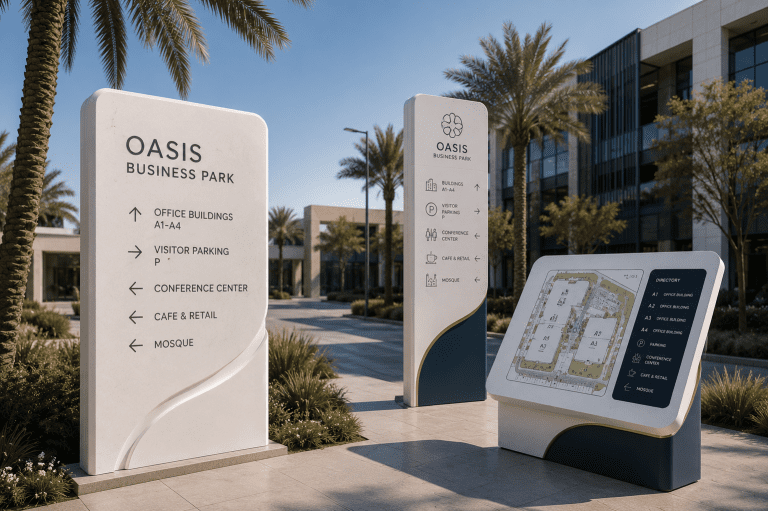 Custom acrylic solid surface architectural signage for commercial and public spaces.