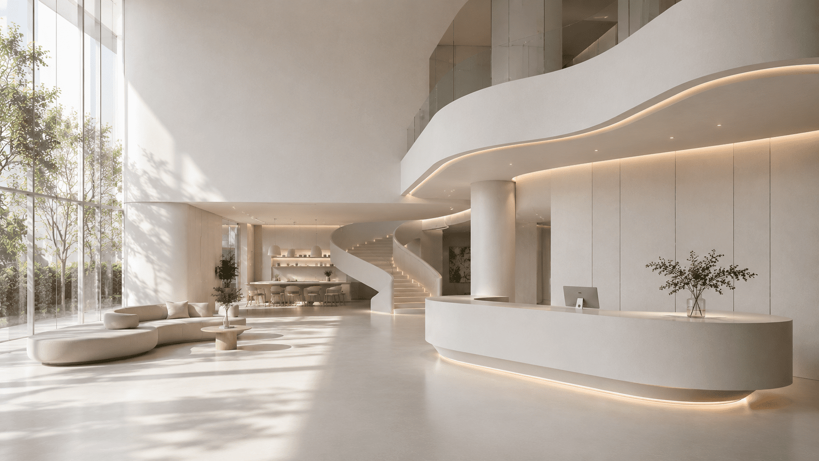Modern commercial interior featuring seamless acrylic solid surface architectural elements by ACRION.