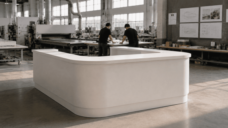 Custom acrylic solid surface reception counter fabricated in a modern production workshop.