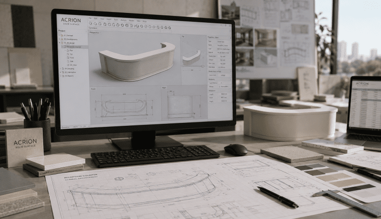 Digital engineering and 3D modelling for custom acrylic solid surface fabrication projects.