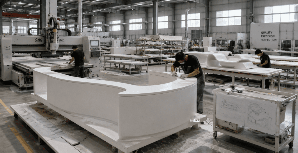Custom acrylic solid surface fabrication in a modern workshop featuring CNC machining, seamless assembly and project manufacturing.