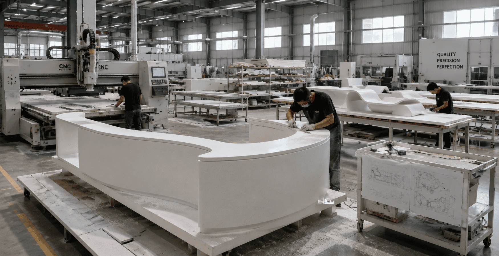Custom acrylic solid surface fabrication in a modern workshop featuring CNC machining, seamless assembly and project manufacturing.
