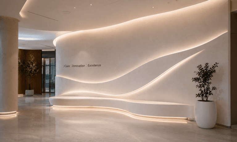 Curved solid surface feature wall with seamless architectural cladding.
