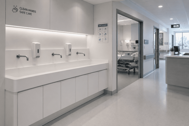 Healthcare environment with seamless solid surface wash station and hygienic interior design