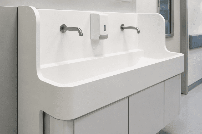 Clinical solid surface hand wash station with integrated basin for healthcare facilities