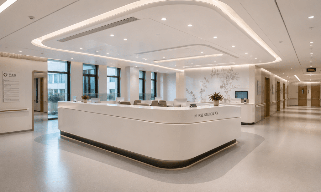 Modern solid surface nurse station fabricated for healthcare environments.