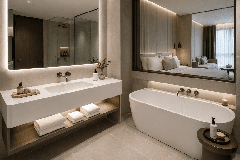 Luxury hotel interior featuring integrated acrylic solid surface elements in hospitality environments