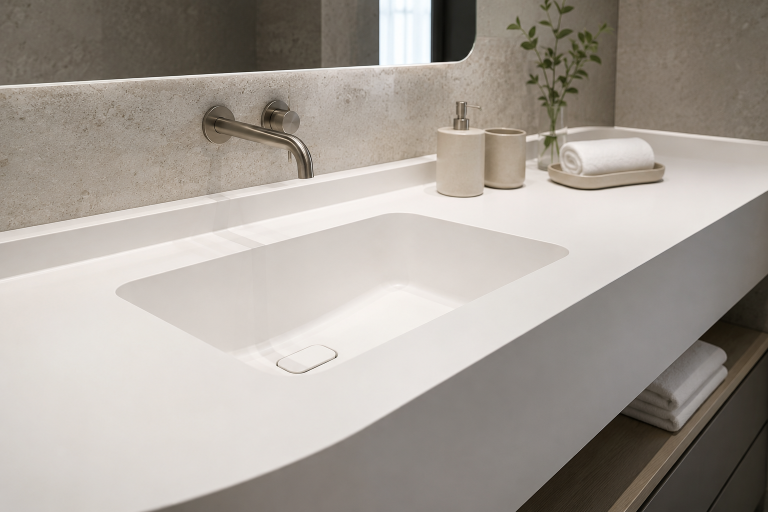 Integrated acrylic solid surface vanity with seamless sink for hospitality interiors