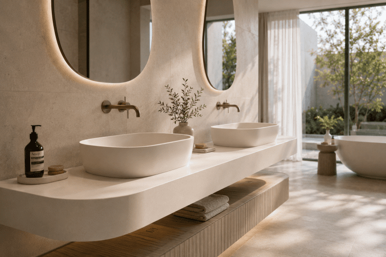 Integrated acrylic solid surface basin and vanity system for hospitality bathrooms.