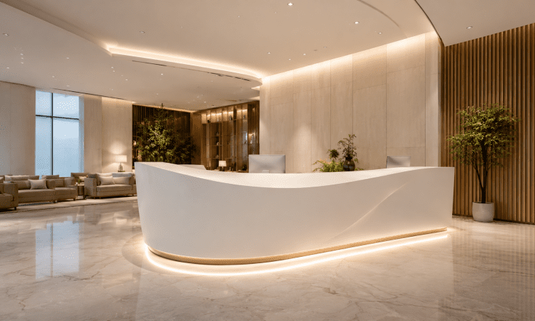 Custom acrylic solid surface reception counter fabricated for luxury hospitality and commercial interiors.