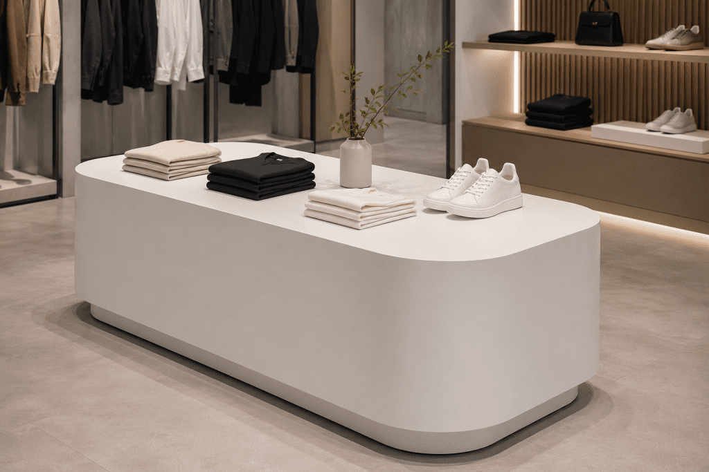 Custom solid surface retail display island with seamless curved design