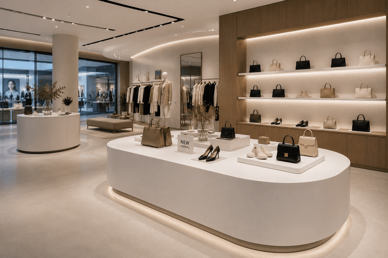 Premium retail store interior featuring custom solid surface display fixtures and counters