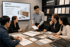 Modern acrylic solid surface factory showroom displaying material collections and architectural applications