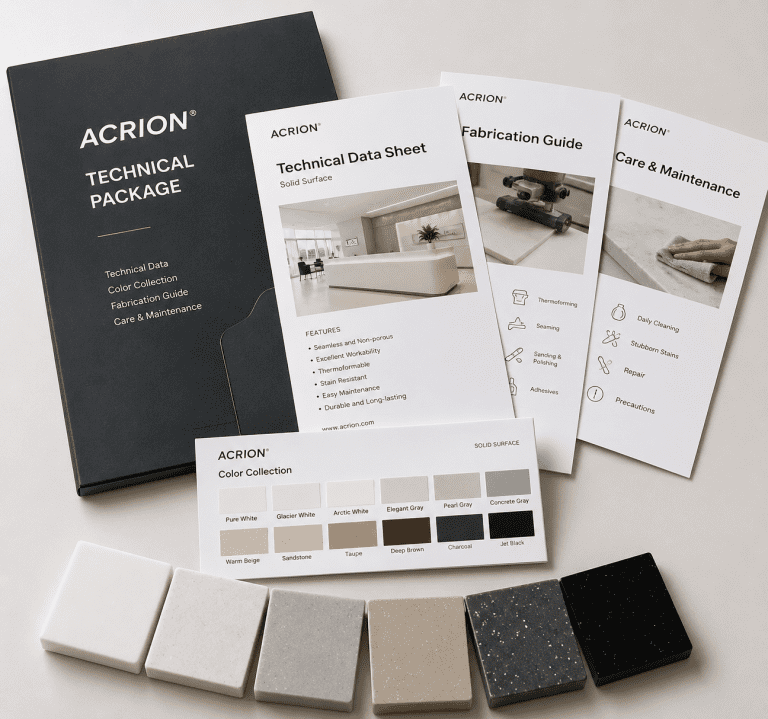 ACRION technical package with acrylic solid surface samples, color collection and fabrication guides.