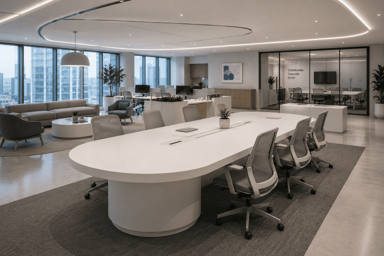 Modern workplace interior with solid surface meeting tables and collaborative workspaces