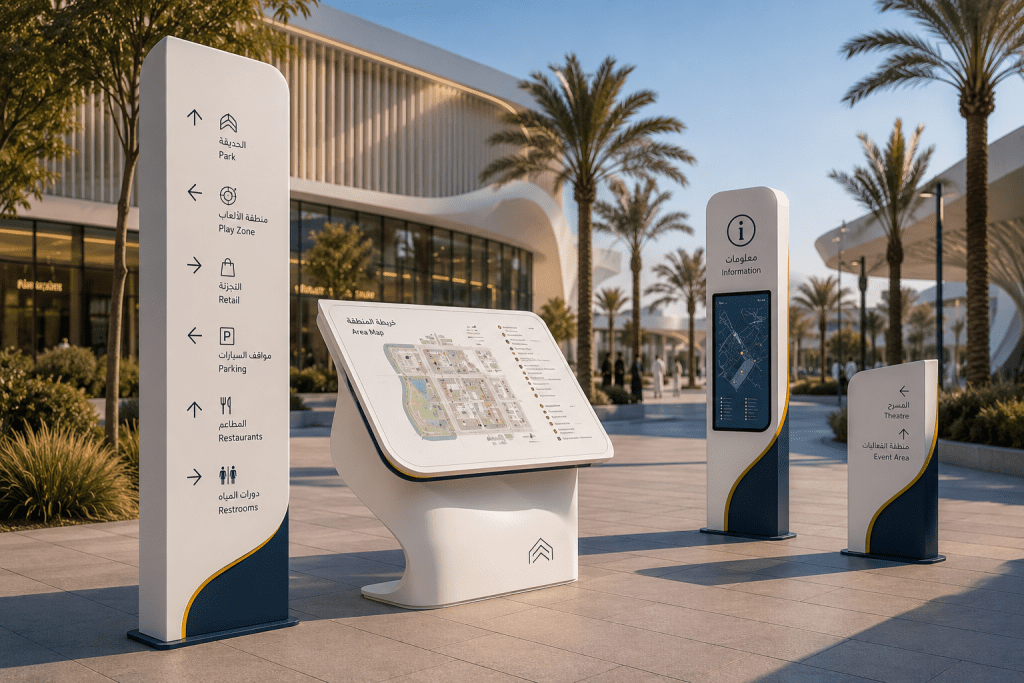Architectural solid surface wayfinding signage in a modern commercial development.