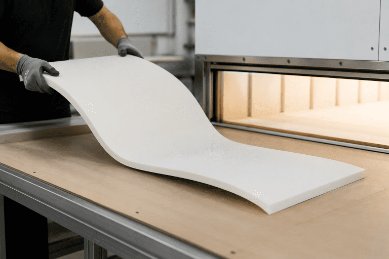 Acrylic solid surface sheet being thermoformed into a curved architectural shape