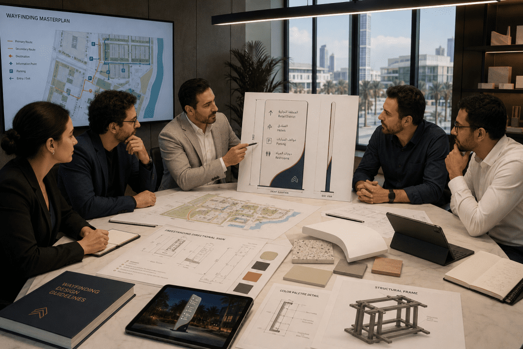 Project coordination meeting for architectural wayfinding signage.