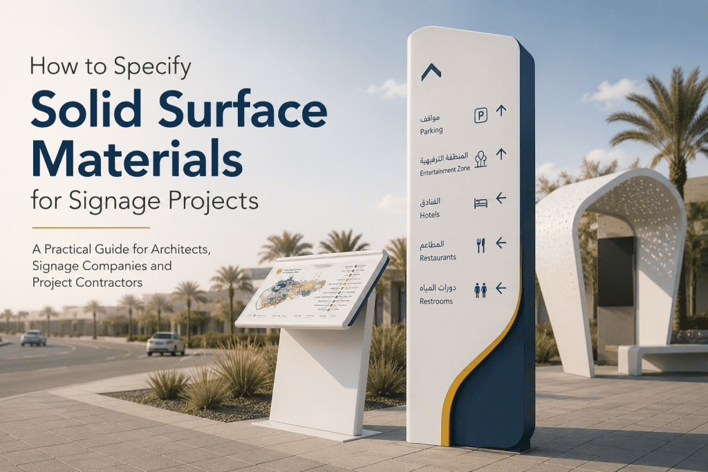 Architectural solid surface wayfinding signage in a modern commercial development.