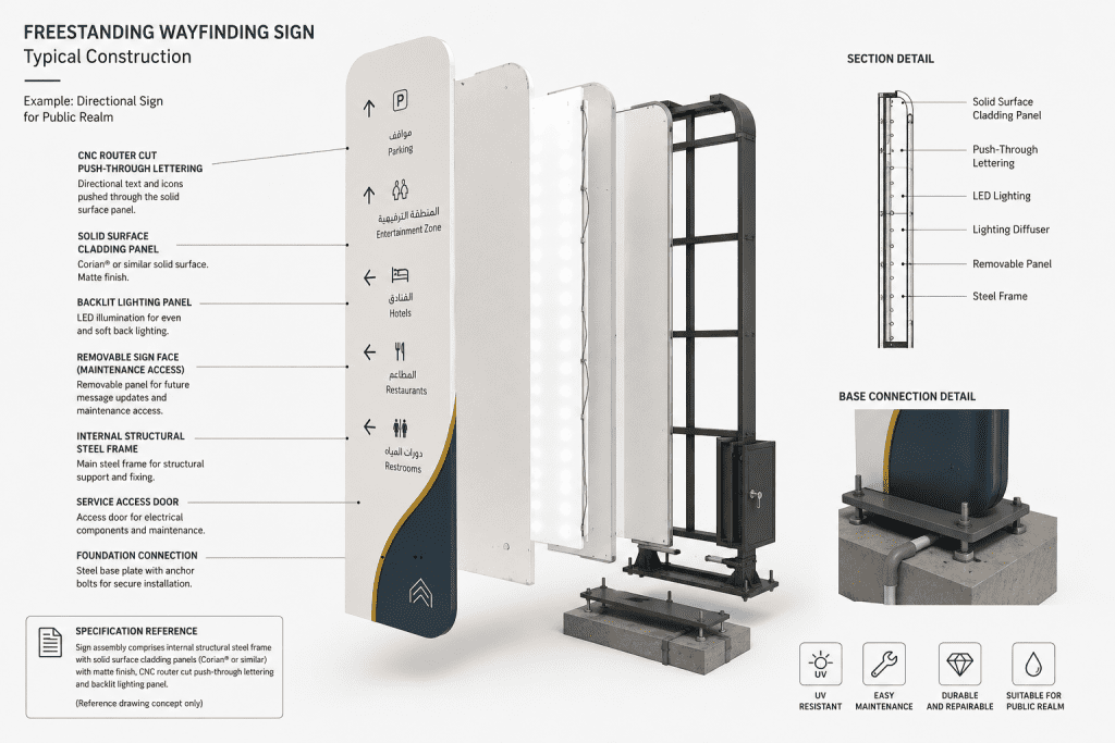 Architectural wayfinding signage system for public spaces and commercial developments.