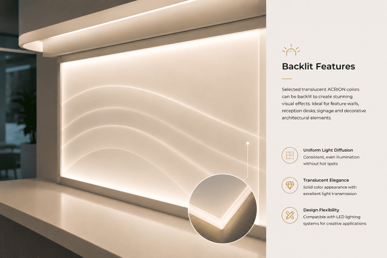 Backlit translucent acrylic solid surface panel with uniform light diffusion
